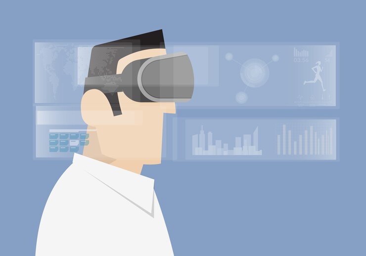 Vector man wearing virtual reality headset.
