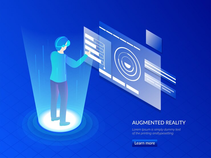 Vector man wearing vr glasses interacting with virtual world.