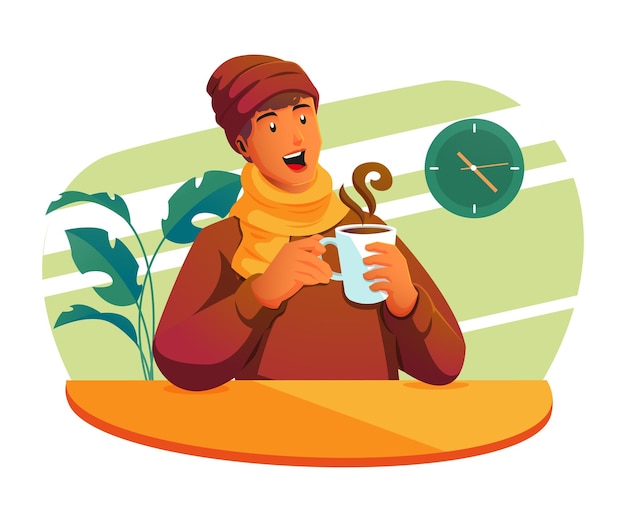 Vector a man wears warm clothes and drinks a cup of warm drink