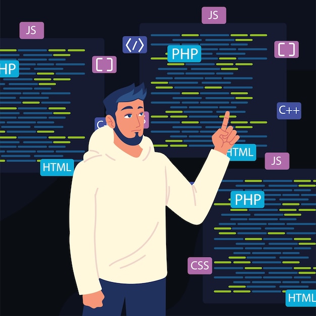 Vettore codici html uomo e sviluppo web