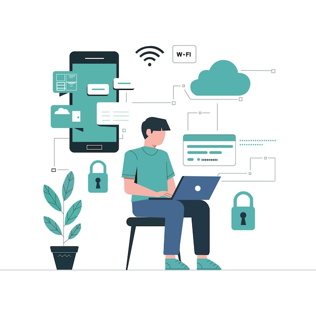 Man werkt aan illustratieontwerp voor cybersecurity en cloudopslag