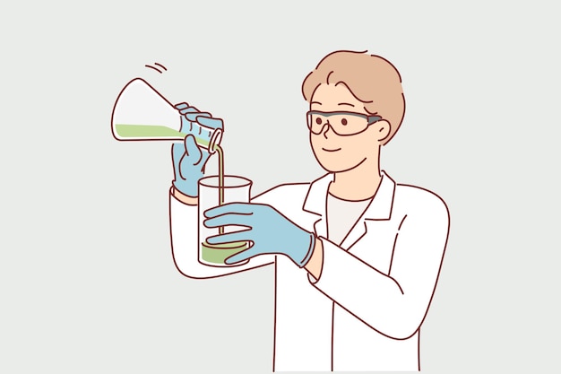 Vector man wetenschapper houdt kolven met chemische reagentia vast en bestudeert de reactie van stoffen wanneer gemengde guy wetenschapper in biologisch laboratorium werkt en experimenten uitvoert op het gebied van de biotechnologie