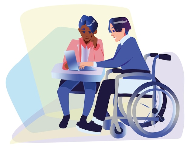 휠체어를 탄 남자는 비즈니스 회의 플랫 벡터 디자인 동안 사무실 직원들과 즐겁게 의사 소통합니다.
