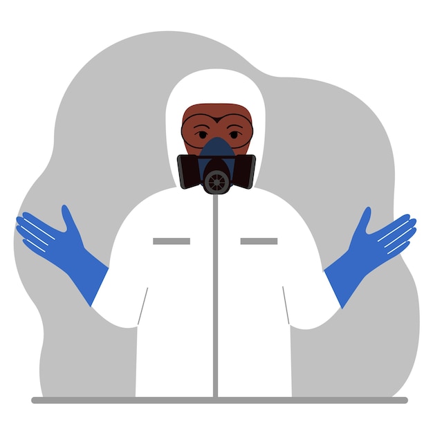 A man in a white radiation protective suit and a helmet with a respirator, chemical or biological safety uniform. Vector