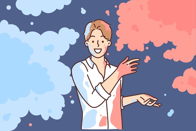 Man in white shirt scatters multicolored powder on sides wanting to share bright emotions