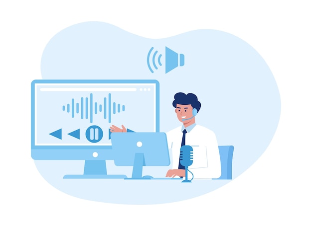 A man in a white suit is sitting with a laptop and a microphone trending concept flat illustration