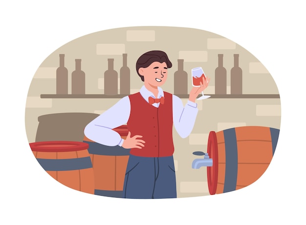 Man wijn tester concept Jonge man in pak met alcoholische drank in glas Sommelier café of restaurant werknemer Drank en smakelijke vloeistof Winery alcoholisch product Cartoon platte vector illustratie