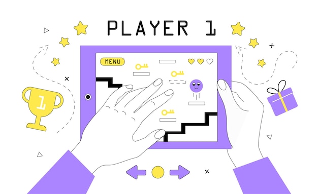 Man win in game at smartphone line Entertainment and fun Video game and arcade on tablet Gadget and device Player 1 in menu Mobile application or program Linear flat vector illustration