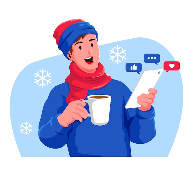 Vector man in winter clothes with a cup of coffee and a smartphone social media