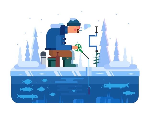 冬の釣りの男