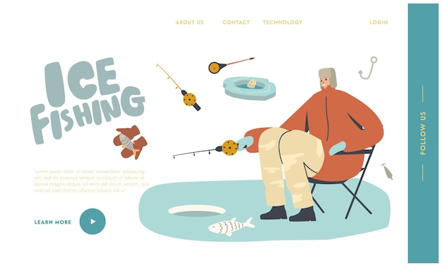 Man winter vissen ontspannende hobby landing page template. visser karakter in warme kleren en oorkleppen hoed zittend met staaf op stoel met goede vangst op ijsschots in zee. lineaire vectorillustratie