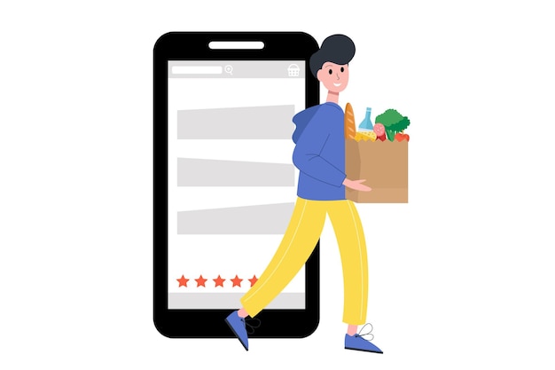 Вектор Мужчина с корзиной еды в руках выходит из телефона. концепция доставки онлайн-заказов