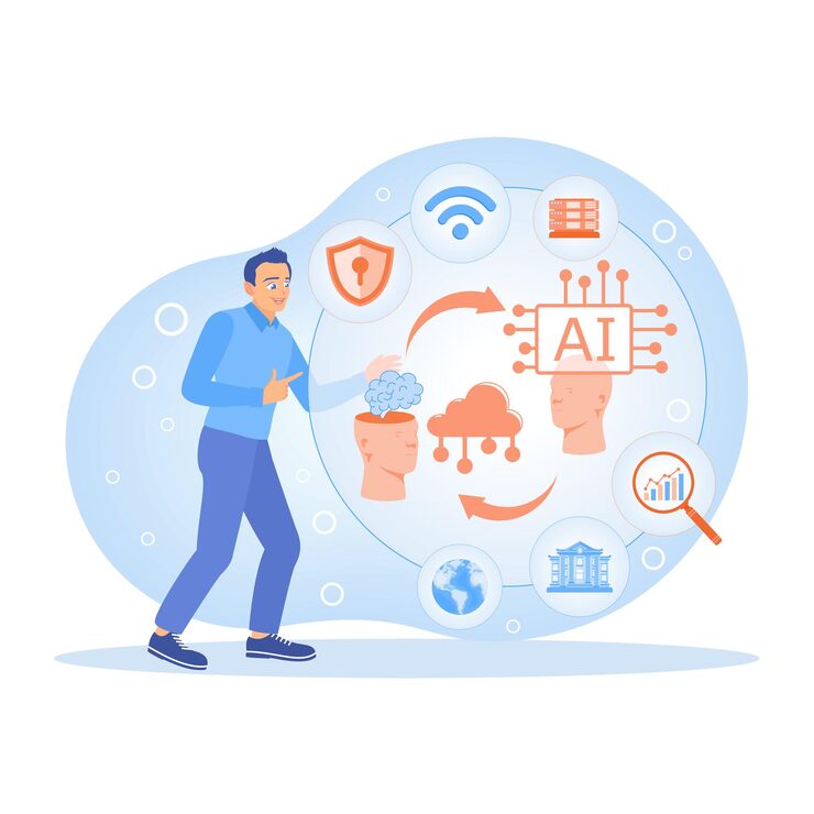 Вектор человек с искусственным интеллектом автоматизированный чат-бот улучшение рабочих процессов концепция реализации проекта