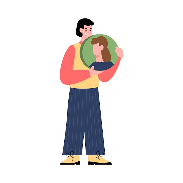 Man with avatar of his social media penfriend flat vector illustration isolated