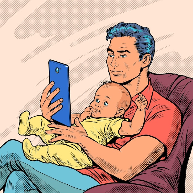 Vector a man with a baby a father and a child homework love and care