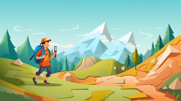 Vector a man with a backpack and a backpack is running in a mountain landscape