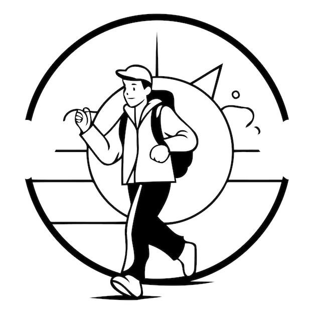 Vector man with a backpack in the center of the target vector illustration