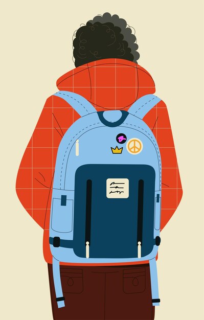 Мужчина с концепцией рюкзака, молодой парень в повседневной одежде с бежевой сумкой, школьный или студенческий плакат, или