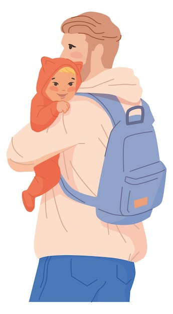 Vector man with backpack holding baby dad walking with toddler