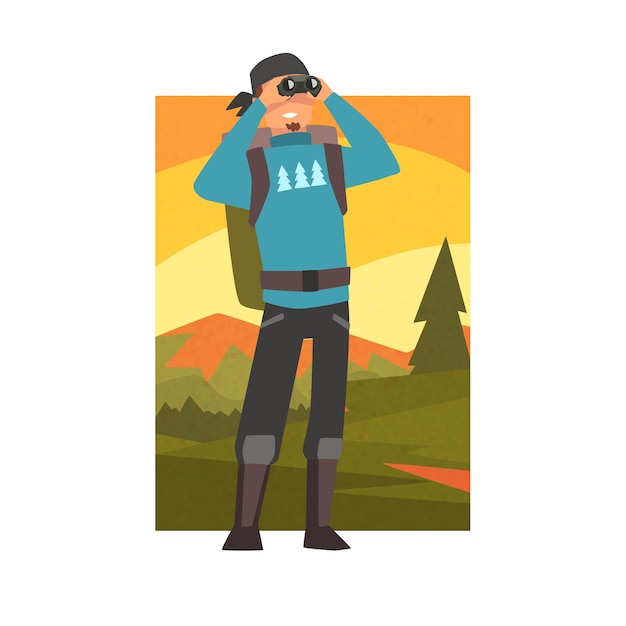 Man with backpack looking through binoculars guy in summer mountain landscape outdoor activity