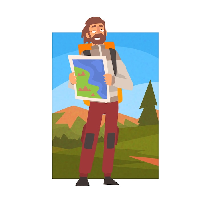 Vector man with backpack looking through binoculars guy in summer mountain landscape outdoor activity