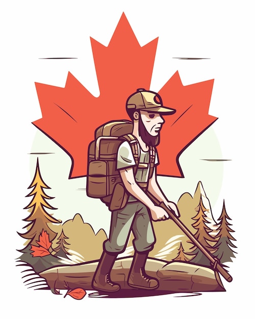 A man with a backpack and a maple leaf in the background.