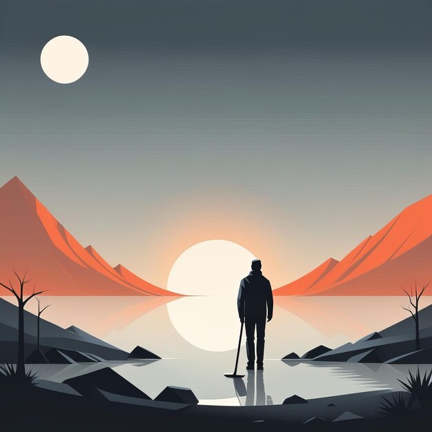 Vector man with backpack standing on a mountain hill in the evening at sunrise man with backpack stan