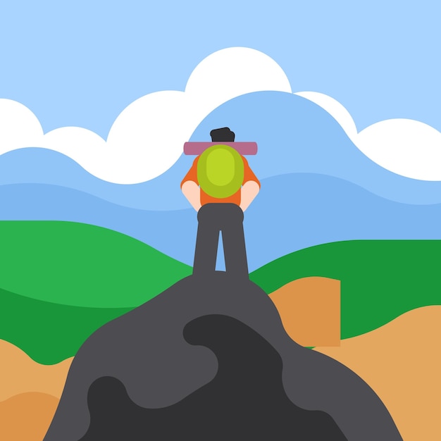 Vector man with backpack standing on the top of the mountain isolated on transparent background