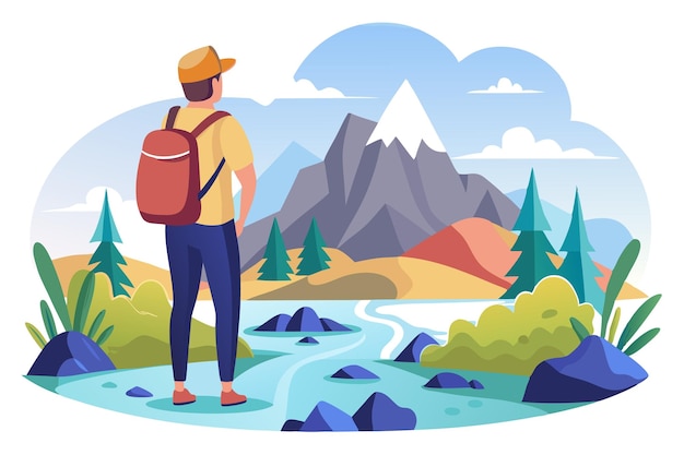 a man with a backpack stands in front of a mountain range