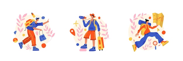 Vector man with backpack traveling male holding binoculars and trolley bag and searching for location