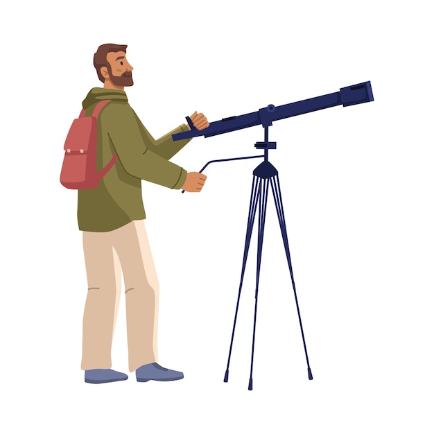 Vector man with backpack using telescope