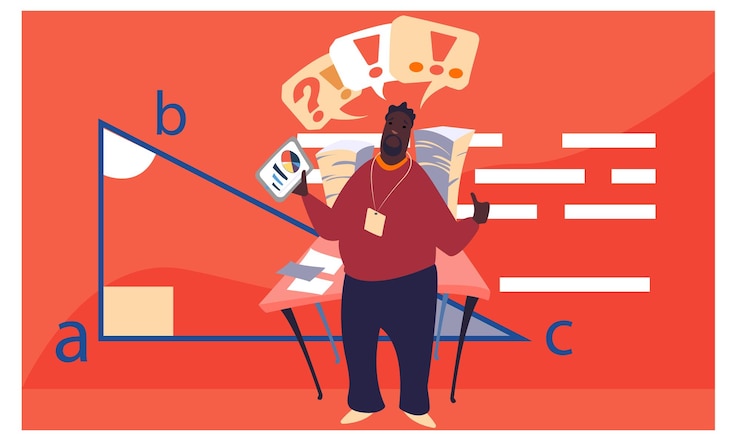 Vector man with a badge around neck with a triangle on a red background analytical department employee