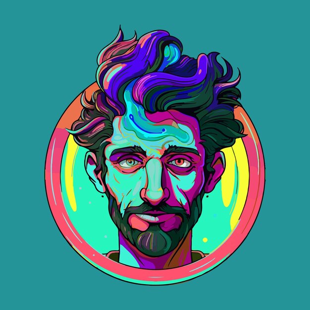 A man with a beard and colorful hair a character portrait digital art cartoonish vector djinn human hybrid