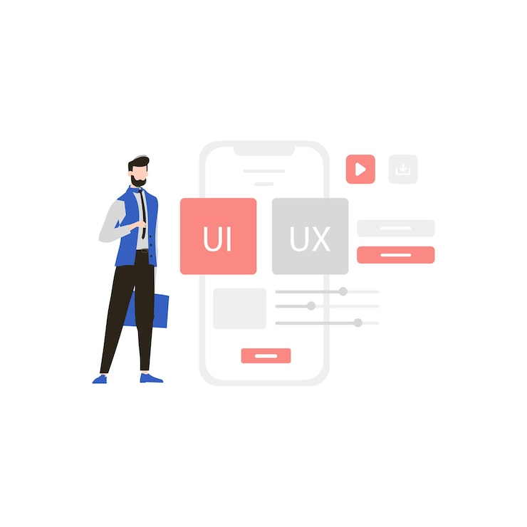 Vector a man with a beard is standing in front of a phone that says ui.