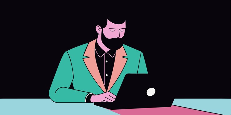 Vector a man with a beard is working on a laptop