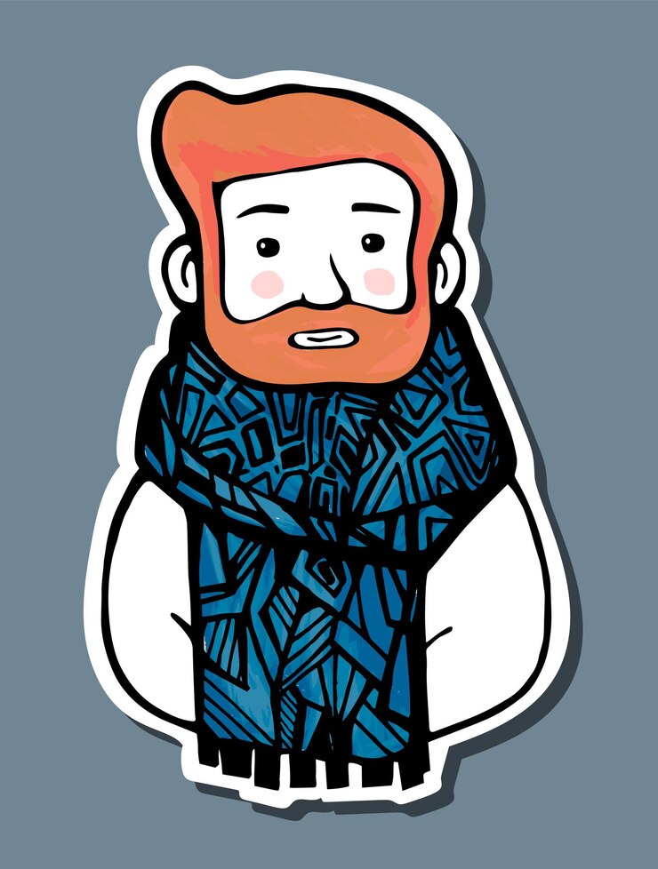 Vector a man with a beard in a scarf cute hand drawn sticker illustration