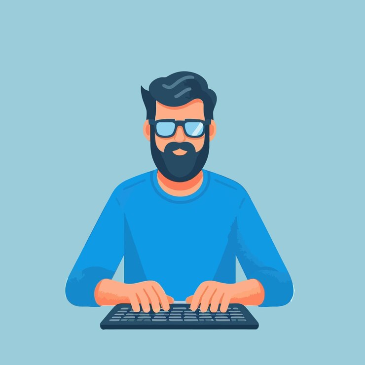 Vector a man with a beard sits at a computer with a blue shirt on