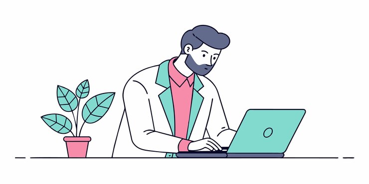 Vector a man with a beard sits at a laptop with a man working on his laptop
