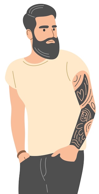 A man with a beard and a tattoo on his arm