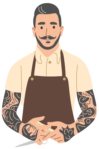 A man with a beard and tattoos on his arm points down