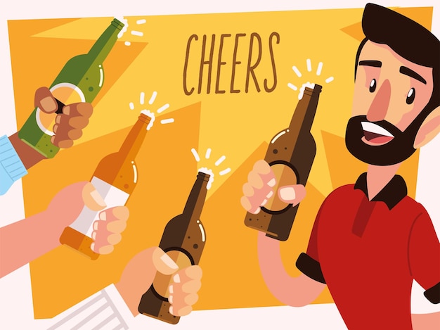 Vector man with a beer glass and cheering hands with bottles