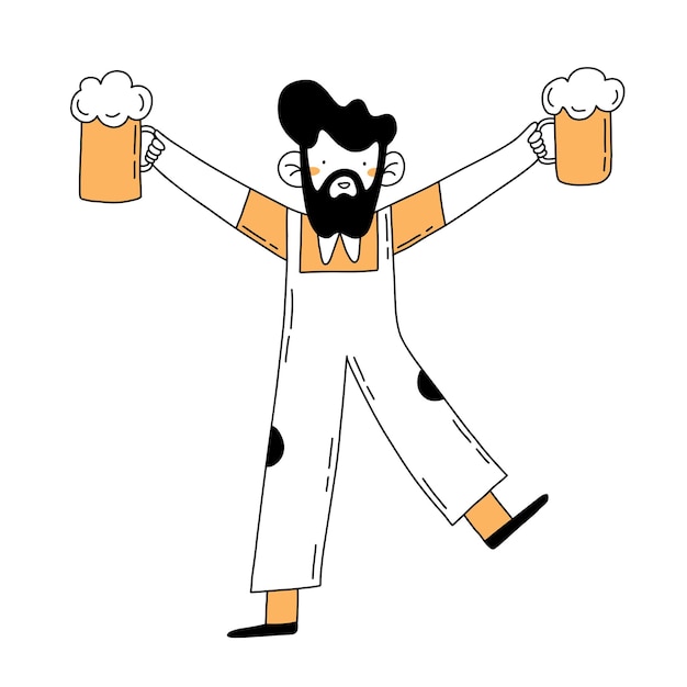 Vector man with beer smiling hand drawn outline illustration isolated on white in minimal style.