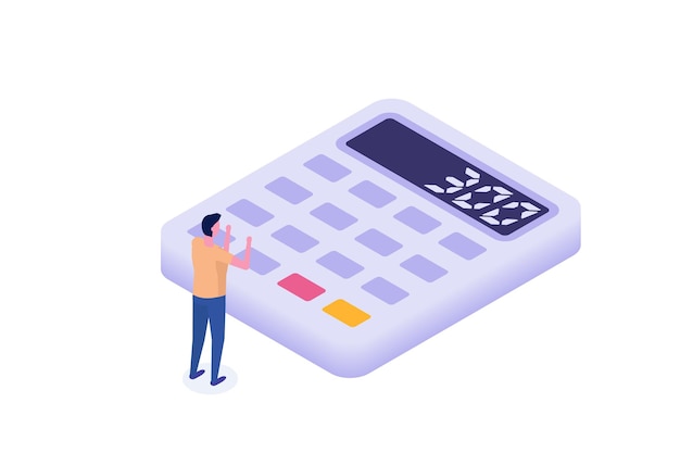 Vector man with big calculator isometric vector illustration