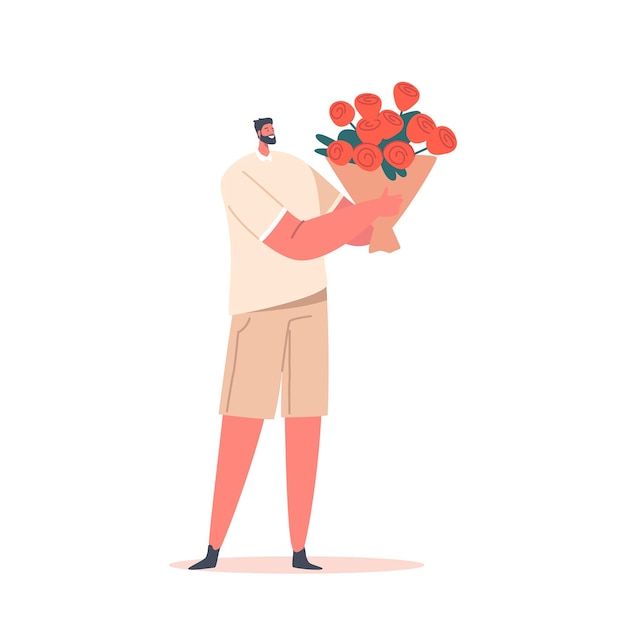 Vector man with big flowers bouquet love and romantic human relations concept male character with present for dating