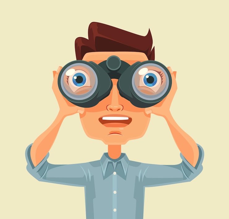 Vector man with binoculars.  flat cartoon illustration