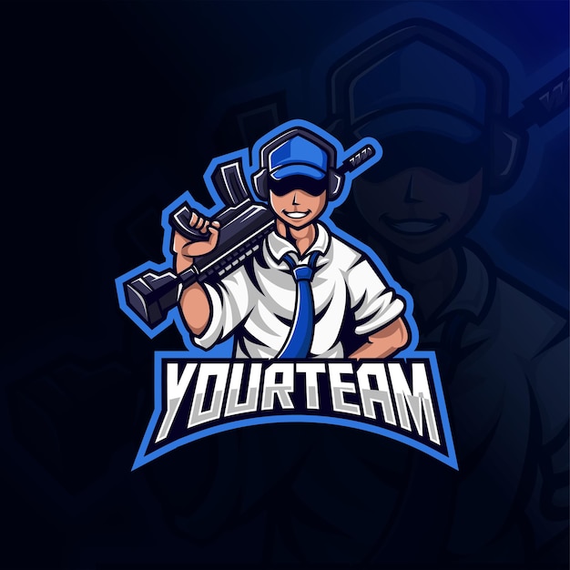 Vector man with blue hat holding gun mascot esport logo design