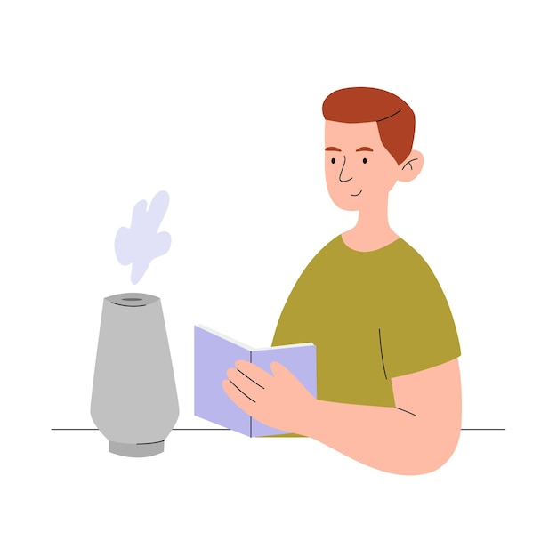 Vector man with book concept air purifier in home