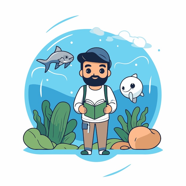 Vector man with book and fish in the sea vector illustration in cartoon style