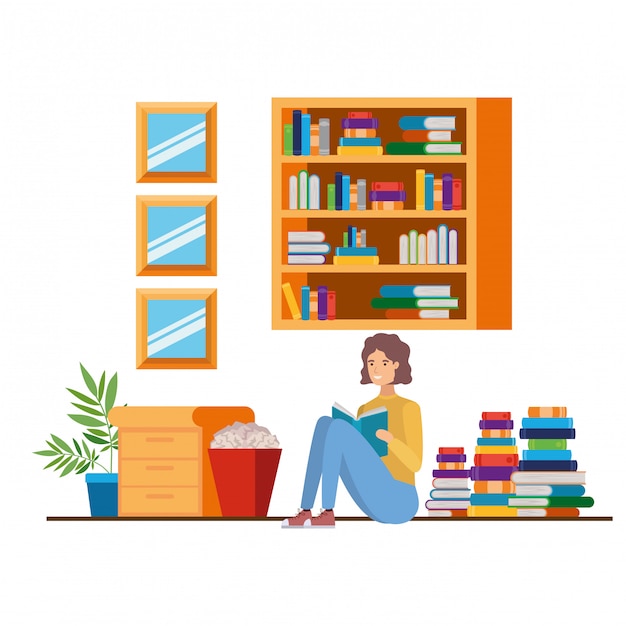 Vector man with book in hands in living room