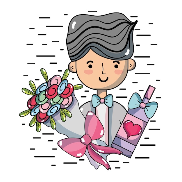 Man with bouquet flowers and champagne 